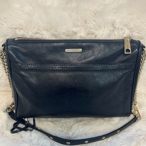 Rebecca Minkoff Mac Clutch Large Leather Crossbody Shoulder Bag Black Gold - Picture 4 of 6